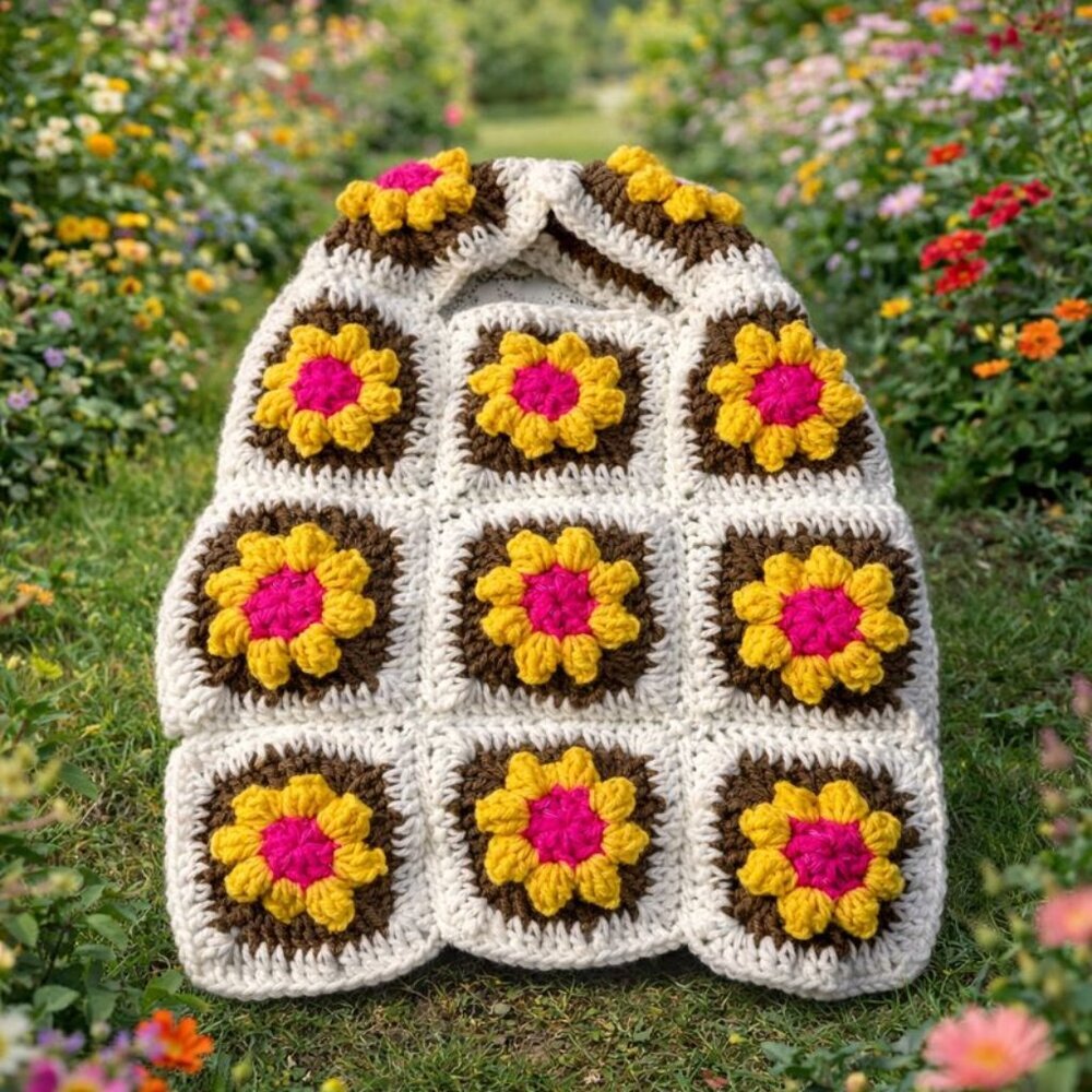 Handmade Crochet Granny Square Dog Vest Floral Boho Pet Sweater Cozy Stylish Med - Picture 2 of 4